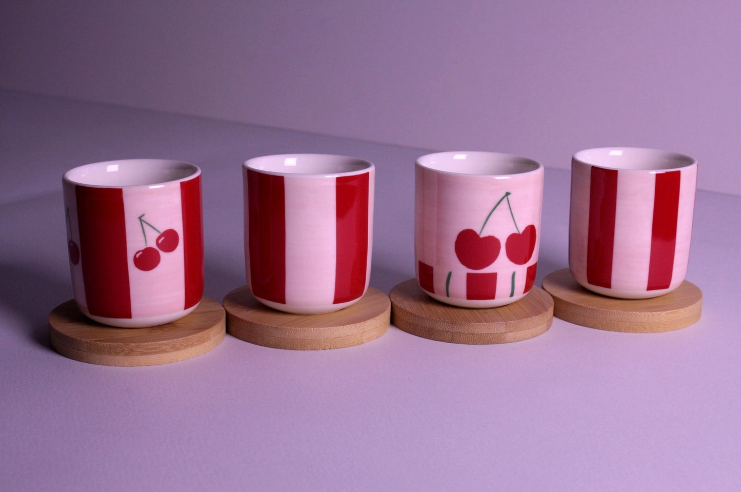 Handleless Coffee Cups with Bamboo Saucer - 100ml (Cherry)
