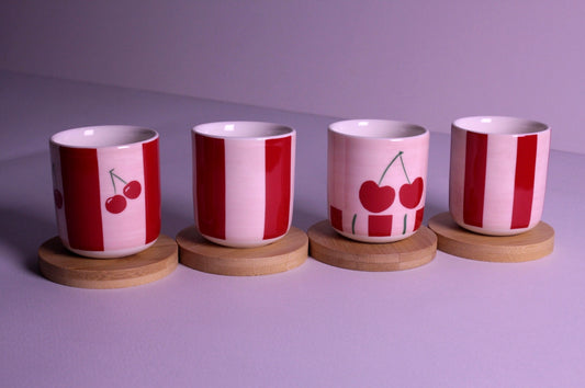 Handleless Coffee Cups with Bamboo Saucer - 100ml (Cherry)