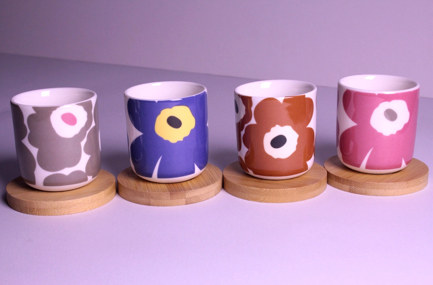 Handleless Coffee Cups with Bamboo Saucer - 100ml (Flowers)