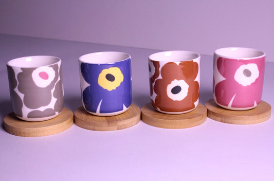 Handleless Coffee Cups with Bamboo Saucer - 100ml (Flowers)