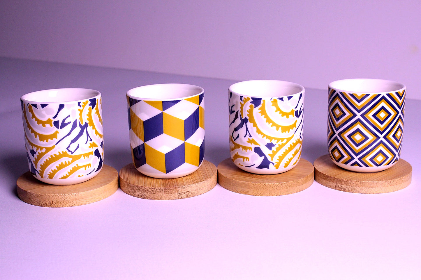 Handleless Coffee Cups with Bamboo Saucer - 100ml (Geometry)