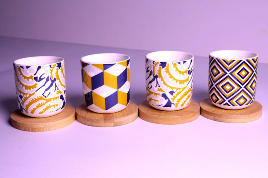 Handleless Coffee Cups with Bamboo Saucer - 100ml (Geometry)