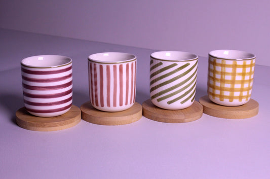 Handleless Coffee Cups with Bamboo Saucer - 100ml (Colorful)