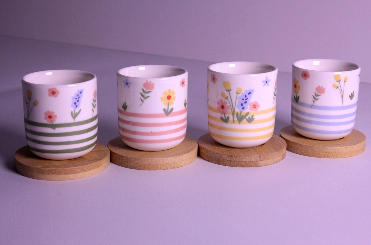 Handleless Coffee Cups with Bamboo Saucer - 100ml (Garden)