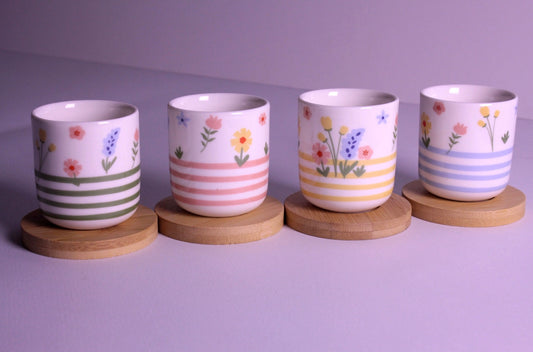 Handleless Coffee Cups with Bamboo Saucer - 100ml (Garden)