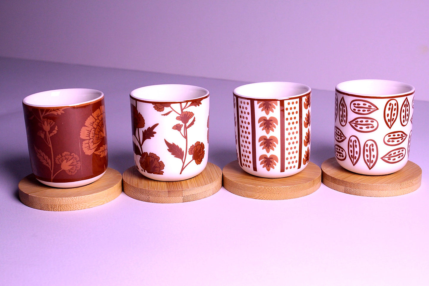 Handleless Coffee Cups with Bamboo Saucer - 100ml (Brown)