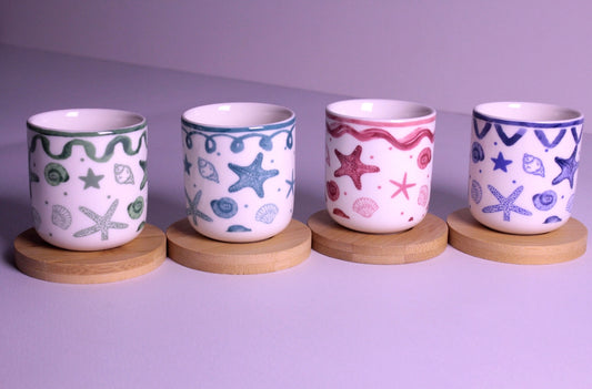 Handleless Coffee Cups with Bamboo Saucer - 100ml (Sea)
