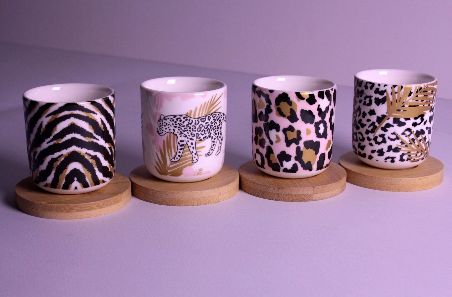 Handleless coffee Cups with Bamboo Saucer - 100ml (Leopard)