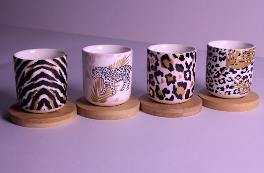 Handleless coffee Cups with Bamboo Saucer - 100ml (Leopard)