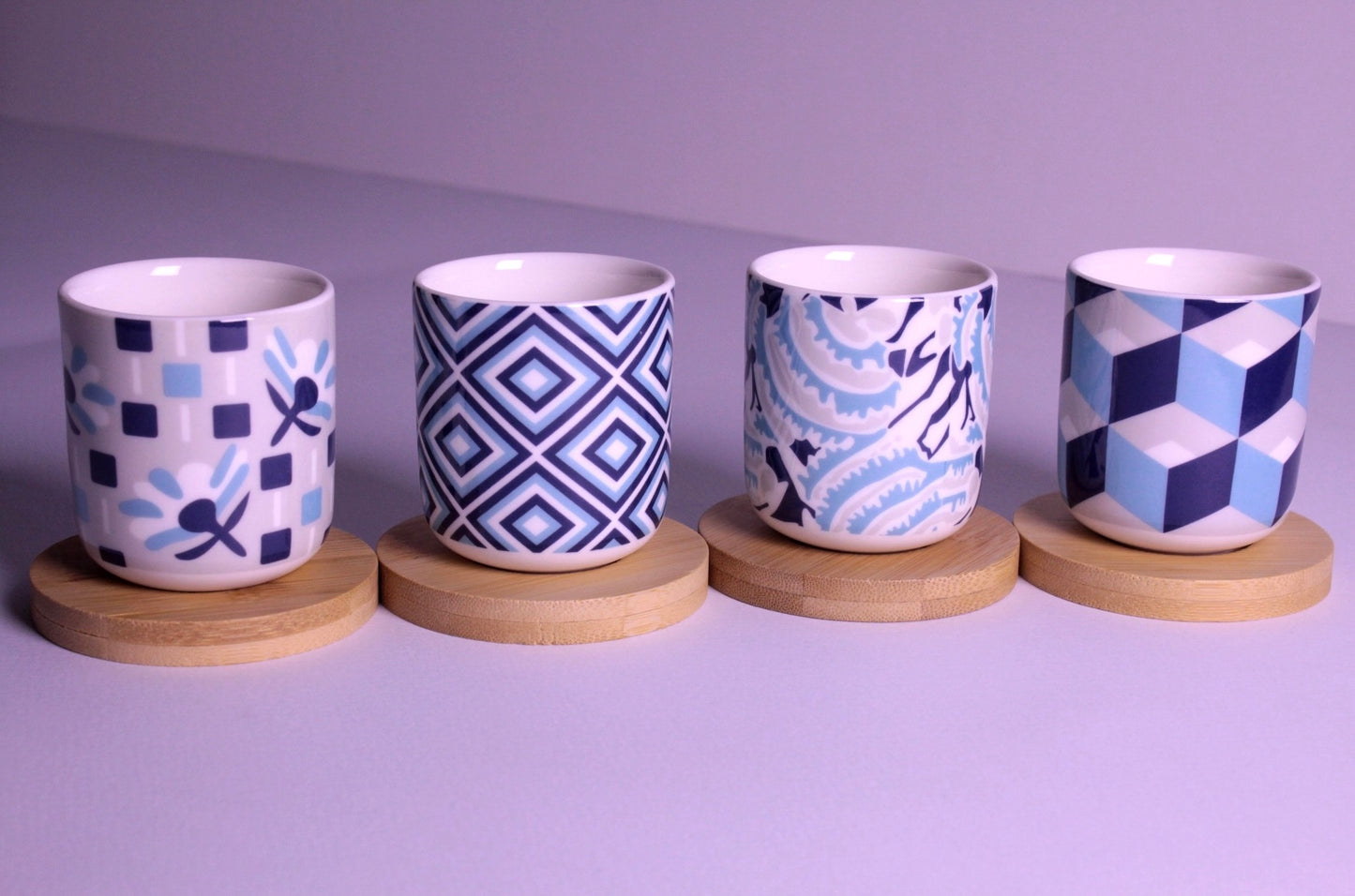 Handleless Coffee Cups with Bamboo Saucer - 100ml (Blues)