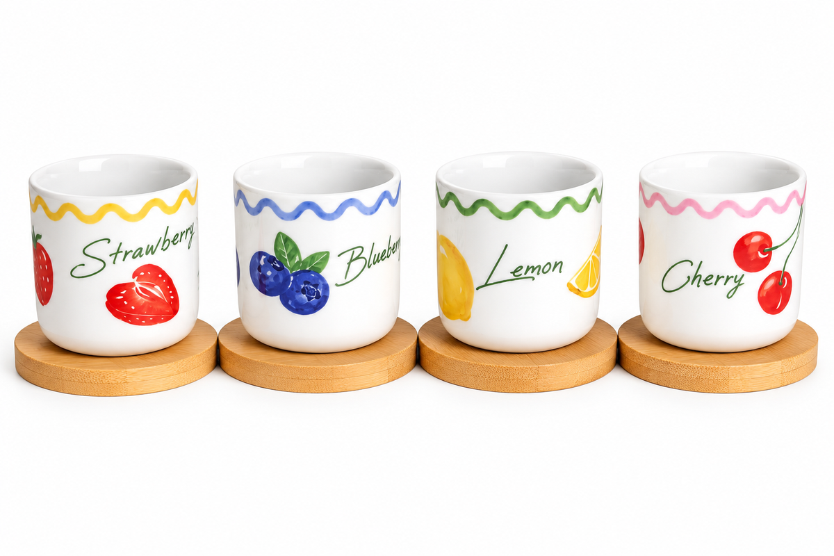 Handleless Coffee Cups with Bamboo Saucer - 100ml (Fruits)