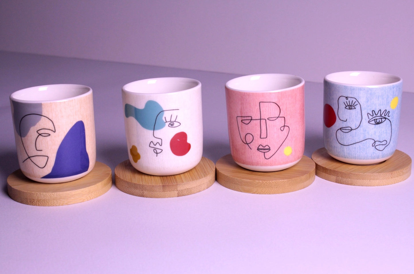 Handleless Coffee Cups with Bamboo Saucer - 100ml (Art)