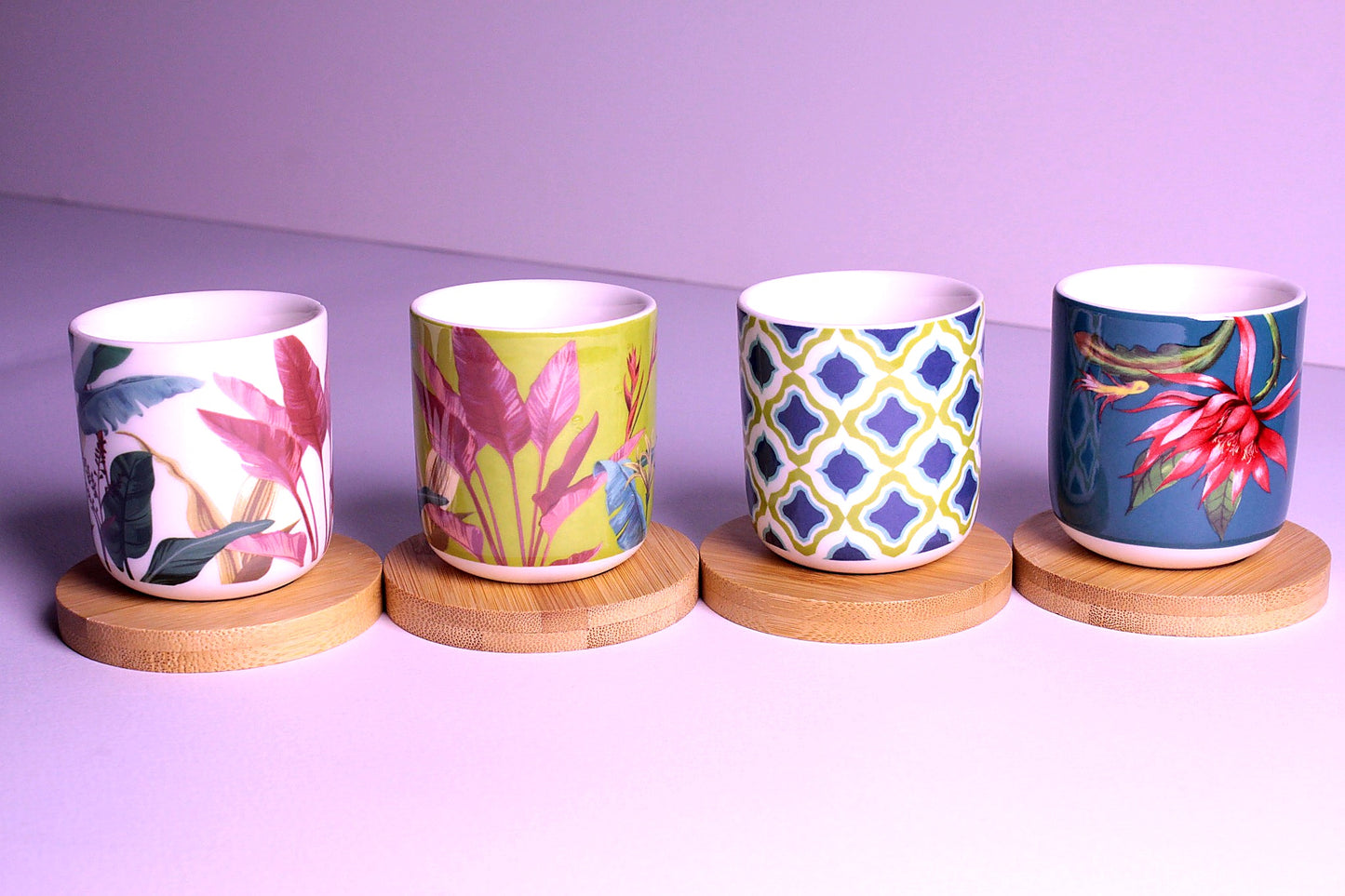 Handleless Coffee Cups with Bamboo Saucer - 100ml (Tropical)