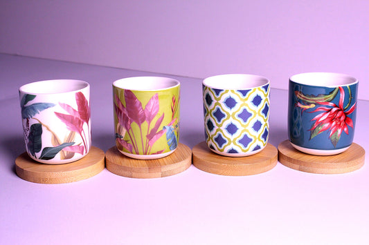 Handleless Coffee Cups with Bamboo Saucer - 100ml (Tropical)