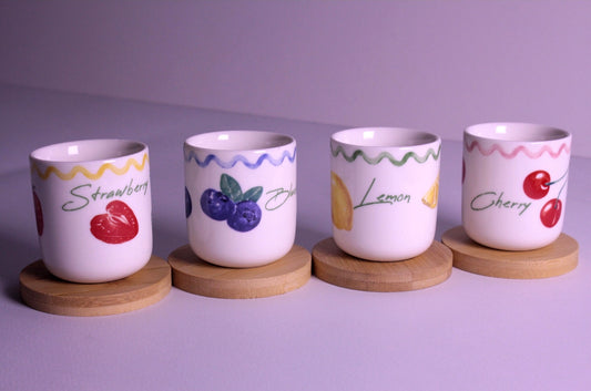 Handleless Coffee Cups with Bamboo Saucer - 100ml (Fruits)