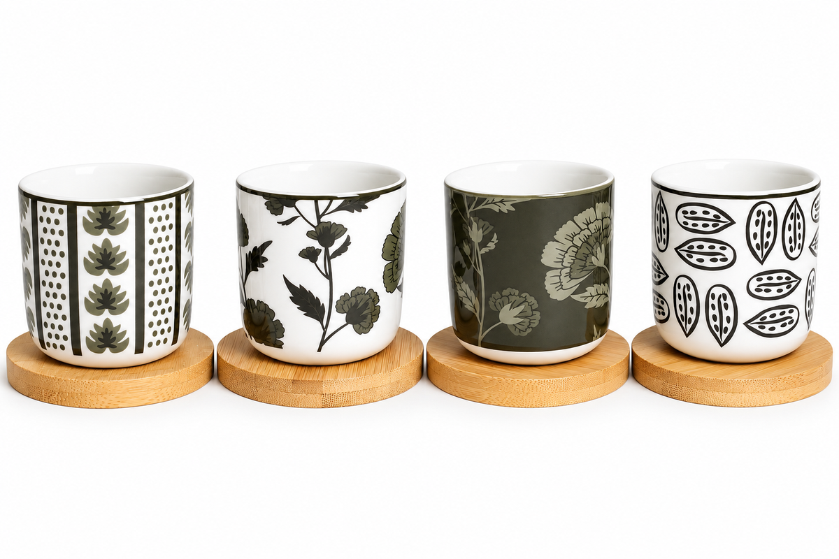 Handleless Coffee Cups with Bamboo Saucer - 100ml (Green)