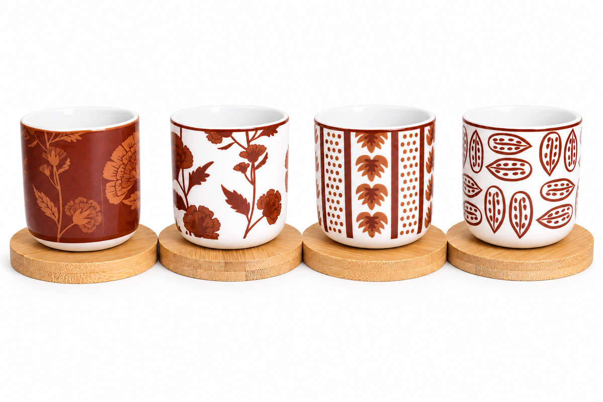 Handleless Coffee Cups with Bamboo Saucer - 100ml (Brown)