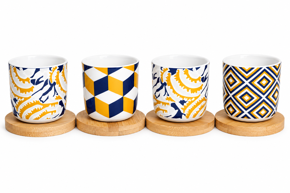 Handleless Coffee Cups with Bamboo Saucer - 100ml (Geometry)