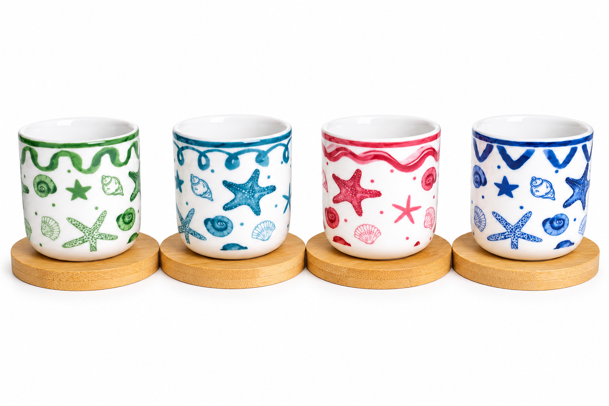 Handleless Coffee Cups with Bamboo Saucer - 100ml (Sea)
