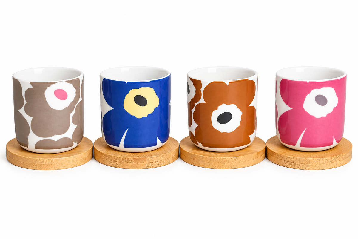 Handleless Coffee Cups with Bamboo Saucer - 100ml (Flowers)
