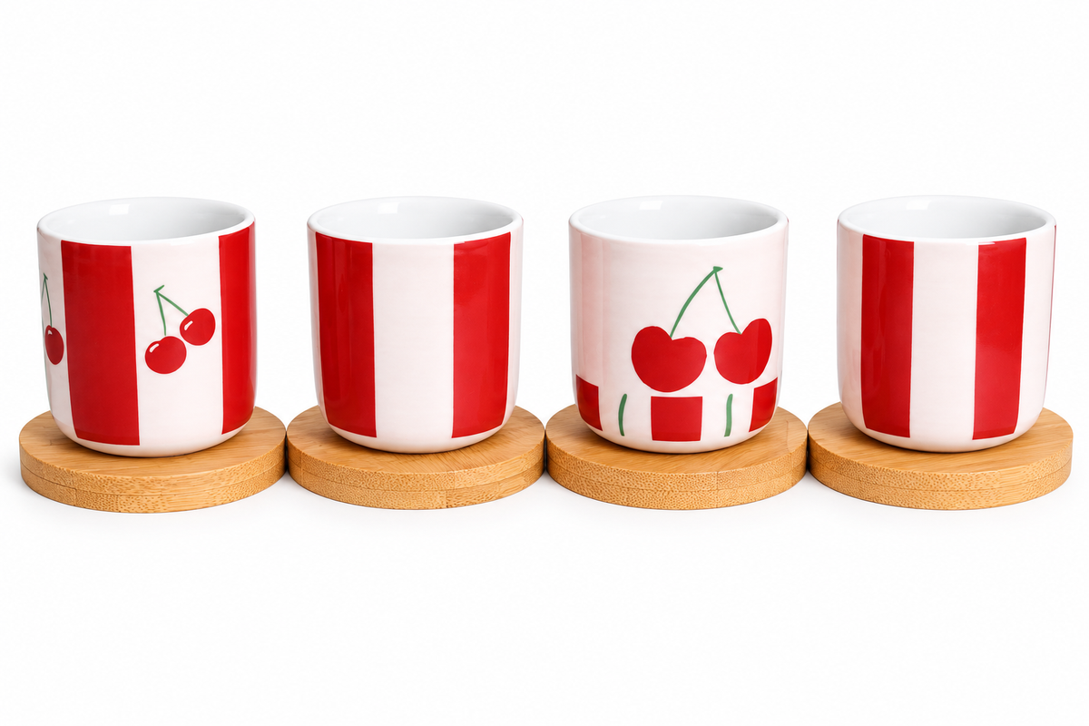 Handleless Coffee Cups with Bamboo Saucer - 100ml (Cherry)