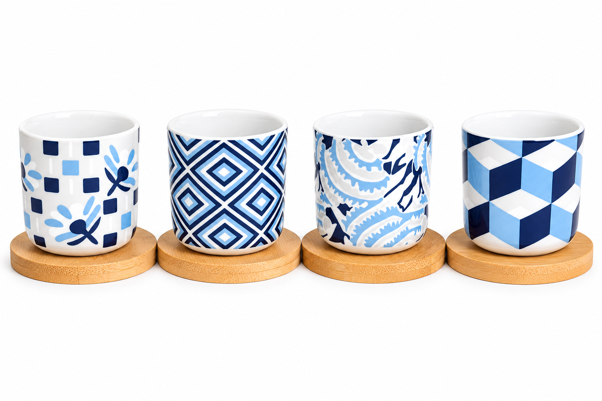 Handleless Coffee Cups with Bamboo Saucer - 100ml (Blues)