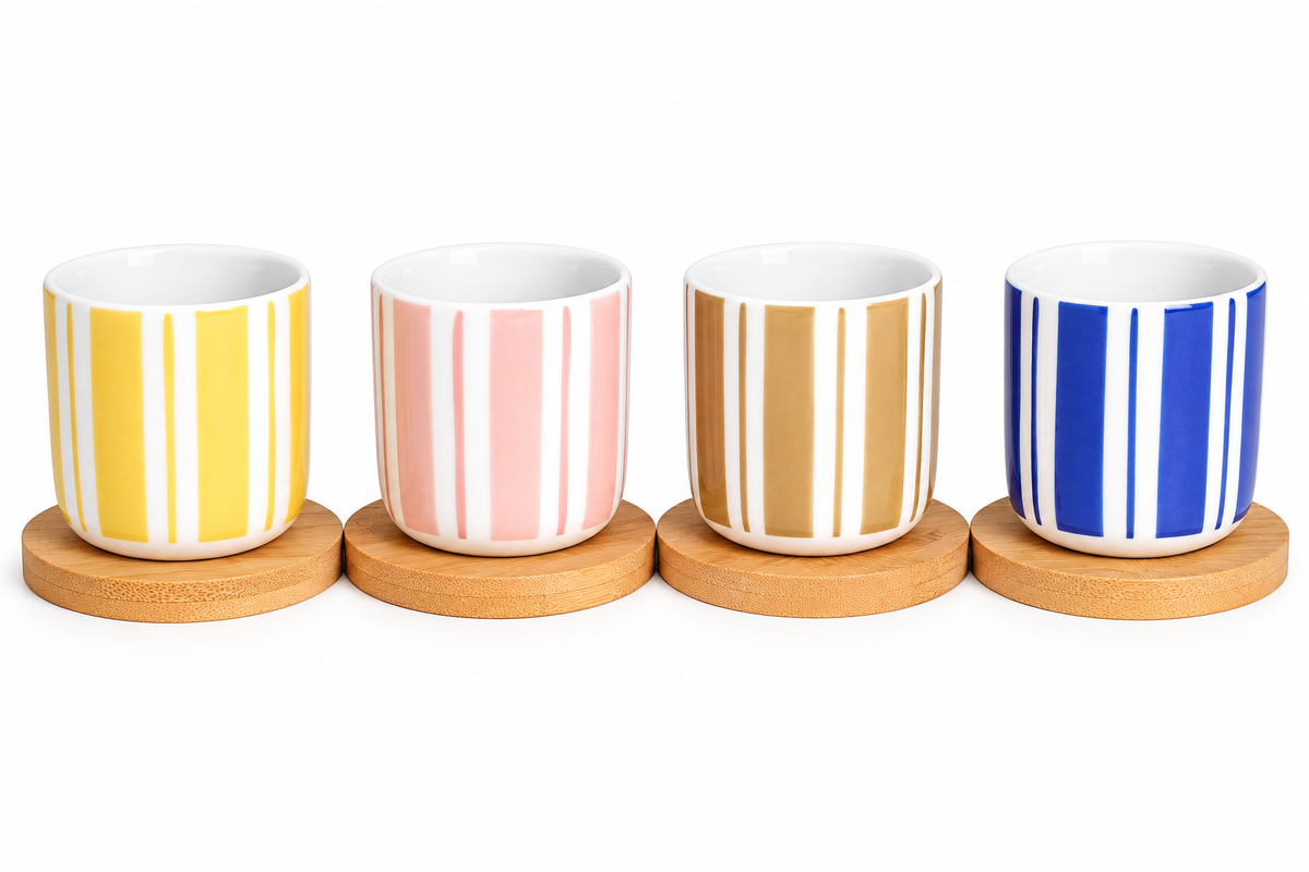Handleless Coffee Cups with Bamboo Saucer - 100ml (Vertical)