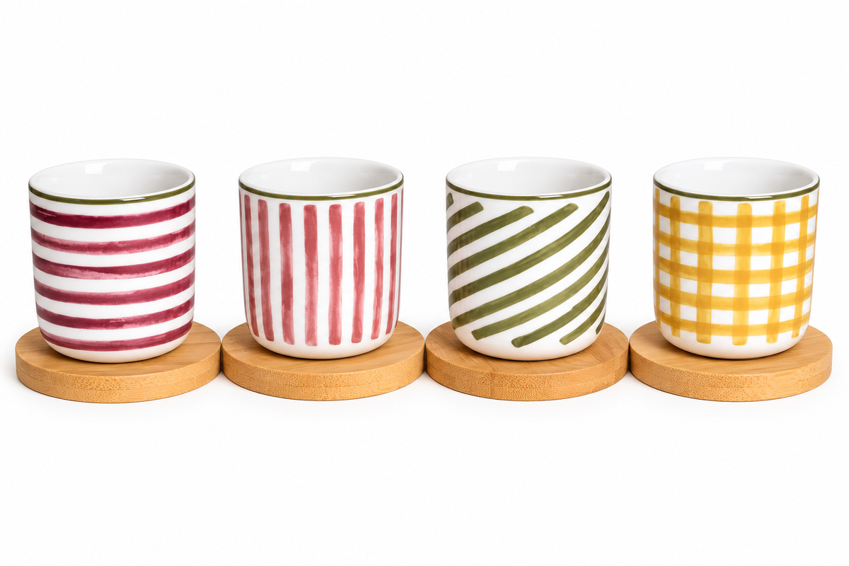 Handleless Coffee Cups with Bamboo Saucer - 100ml (Colorful)