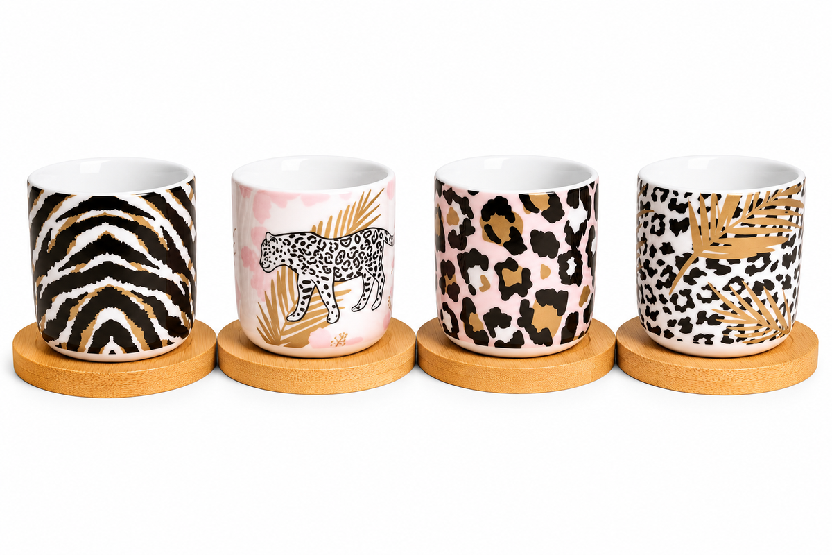 Handleless coffee Cups with Bamboo Saucer - 100ml (Leopard)