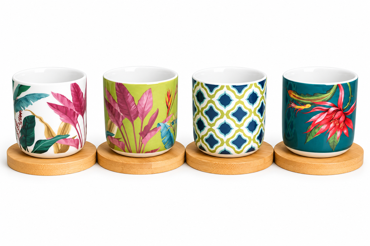 Handleless Coffee Cups with Bamboo Saucer - 100ml (Tropical)