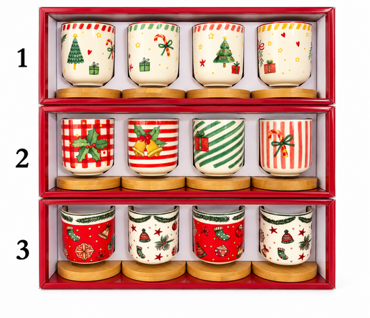 Handleless Coffee Cups with Bamboo Saucer - 100ml (Christmas)