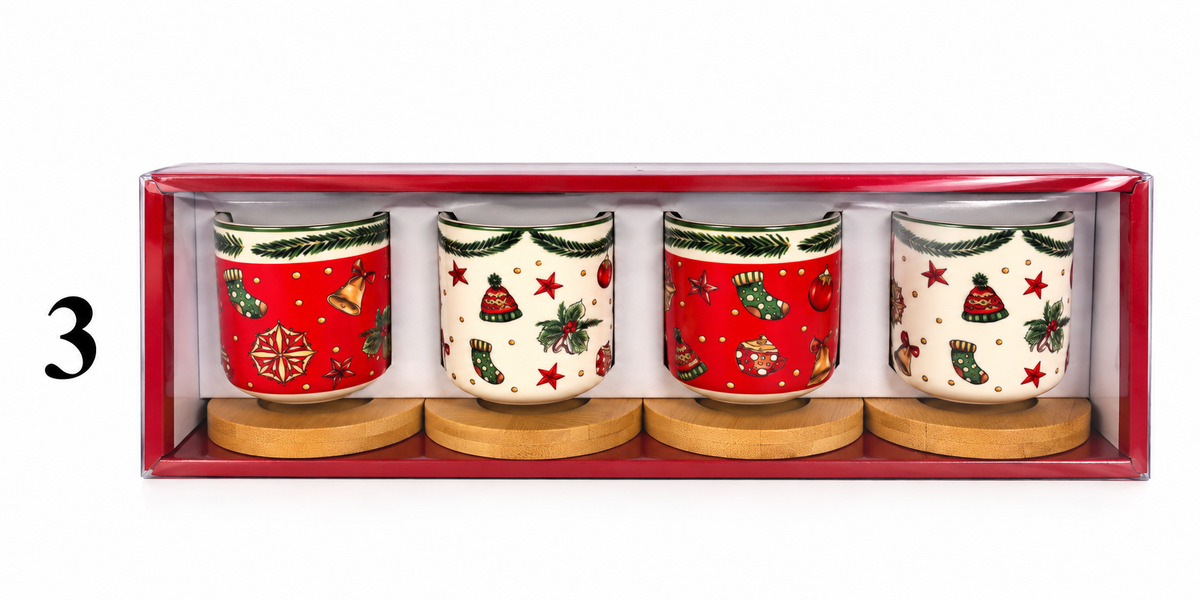 Handleless Coffee Cups with Bamboo Saucer - 100ml (Christmas)