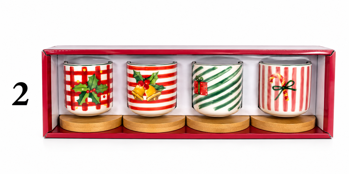 Handleless Coffee Cups with Bamboo Saucer - 100ml (Christmas)