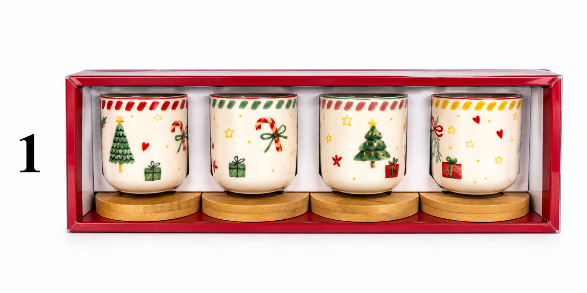 Handleless Coffee Cups with Bamboo Saucer - 100ml (Christmas)